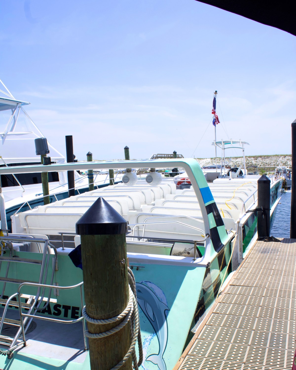 Docked empty passenger boat with dolphin artwork, clear sky.