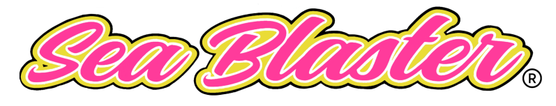 Logo with 'Sea Blaster' in pink, yellow outline, playful font.